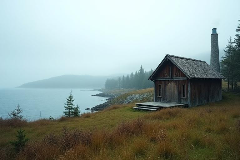 Vakkert norsk kystlandskap ved Larvik med tradisjonelt verksted i forgrunnen, symboliserer røttene til Larvikitt Design.