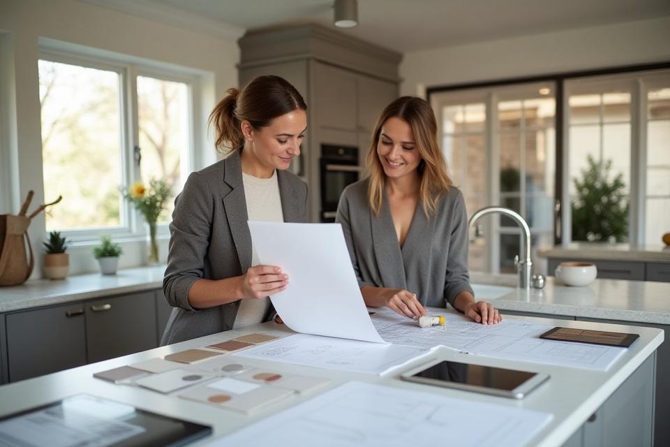 Designer viser kjøkkenplaner til kunde på et moderne kjøkken.