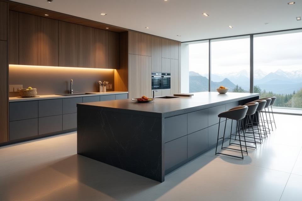 Stor, elegant kjøkkenøy med innebygd vask og sitteplasser.