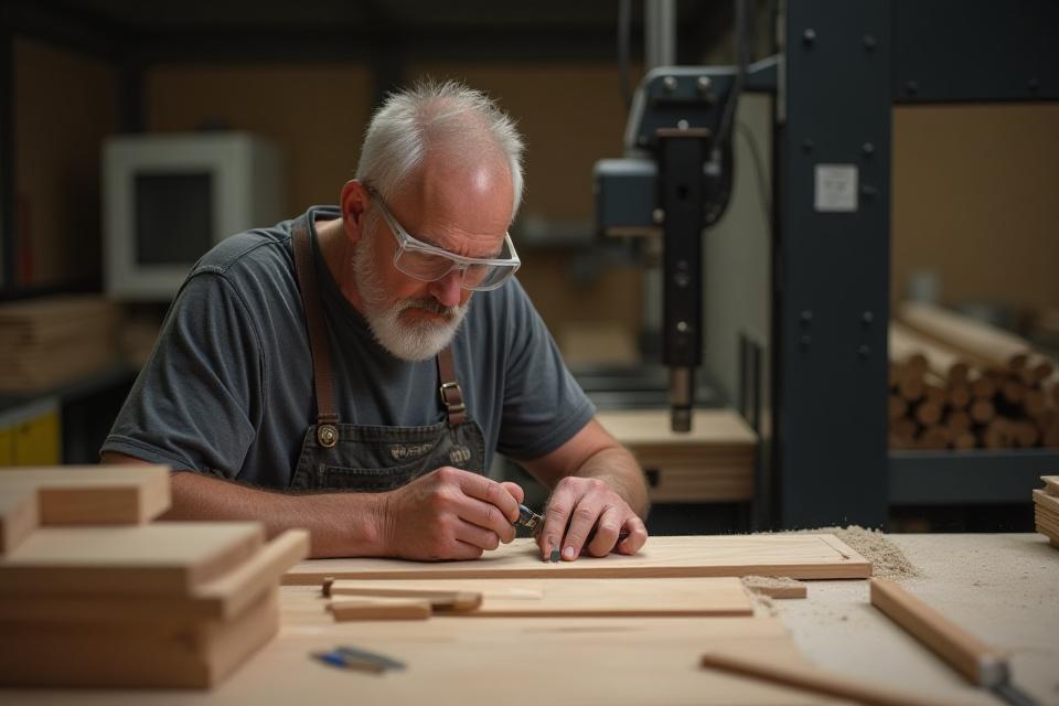 Håndverker arbeider med treverk i et snekkerverksted for å bygge kjøkkenskaper.